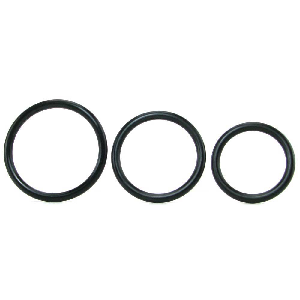 picture shows 3 black rubber cock rings on a white background