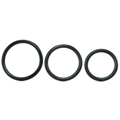 picture shows 3 black rubber cock rings on a white background