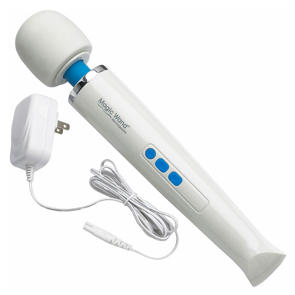 This image shows the magic wand rechargeable with its charging cord on a white background. The cord is wrapped up in a loop and secured, but is about three feet long when unraveled and plugs into a wall outlet to power the vibrator.