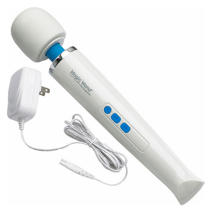 This image shows the magic wand rechargeable with its charging cord on a white background. The cord is wrapped up in a loop and secured, but is about three feet long when unraveled and plugs into a wall outlet to power the vibrator.