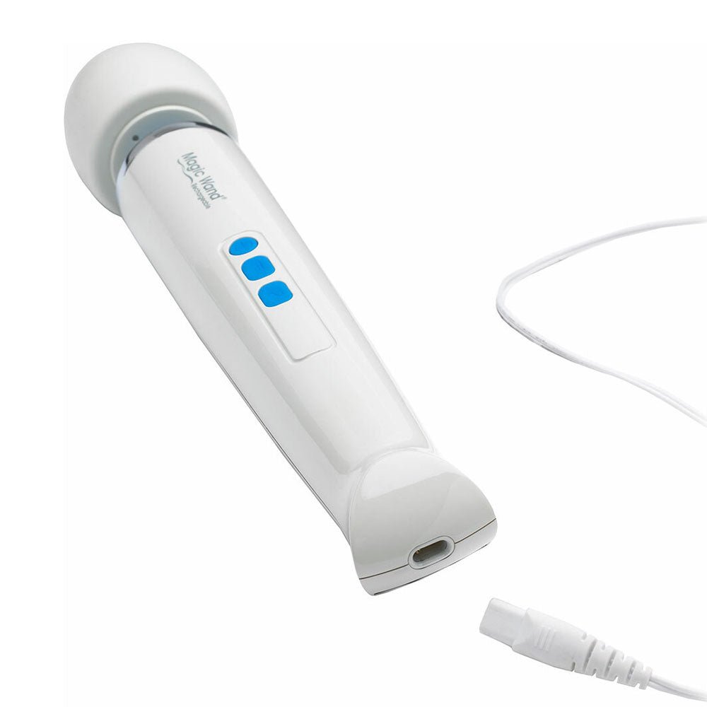 This image shows the magic wand rechargeable with its charging port tilted toward camera view and its charging cord about to be plugged in - all on a white background.