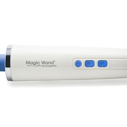 This image shows a close-up view of the operational buttons of the magic wand rechargeable. From left to right is a circular power button to turn the massager on and off, a rounded square button with four lines of increasing size on it that operates the vibration speed, and another rounded square button with a tilde symbol on it that operates pulsating functions. The massager is on a white background. 