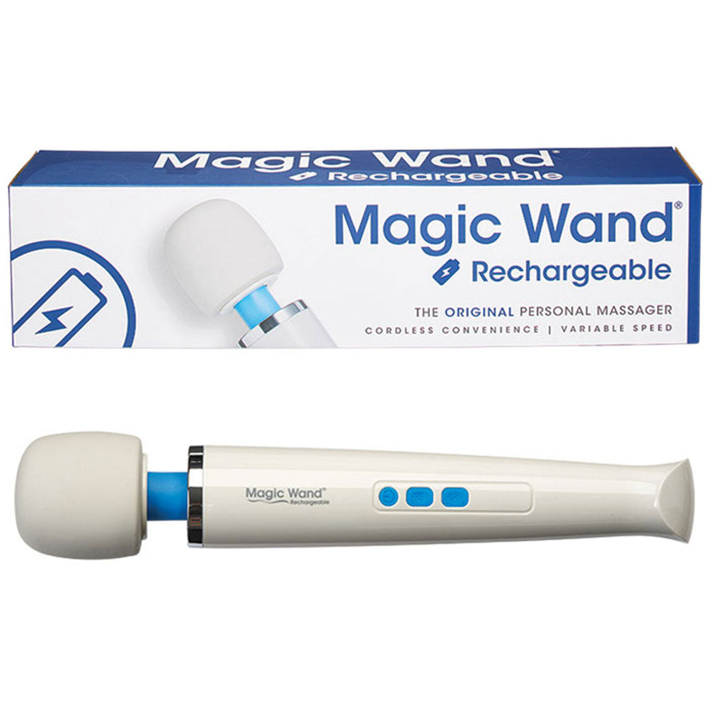 This image shows the magic wand rechargeable personal massager below its box on a white background. The box is blue and white and reads: Magic Wand Rechargeable. The Original Personal Massager. Cordless Convenience. Variable Speed.
