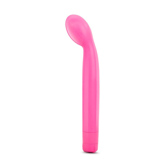 A pink gspot vibrator out of it's package on a white background.