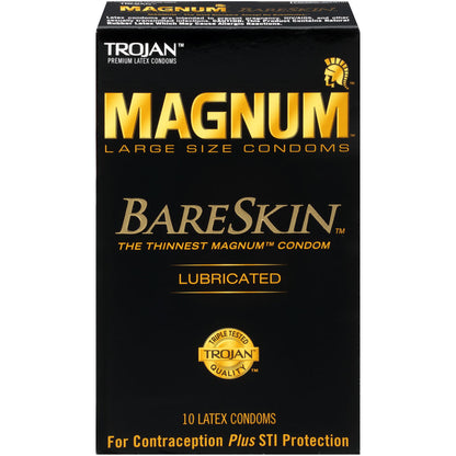 A box of Trojan Magnum bareskin condoms on a white background. 10 pack.