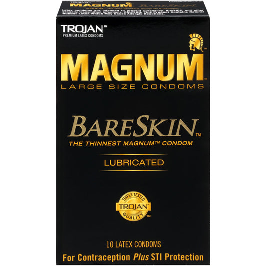 A box of Trojan Magnum bareskin condoms on a white background. 10 pack.