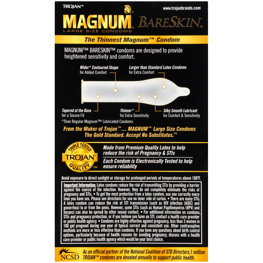Shows the back of a Trojan Magnum box. All of the condoms features are listed such as the shap. on a withe background.