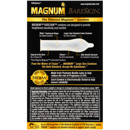 Shows the back of a Trojan Magnum box. All of the condoms features are listed such as the shap. on a withe background.