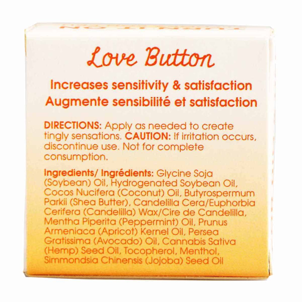 The back of a box of a product called Love Button sex stimulant. Shows the directions and ingredients. On a white background