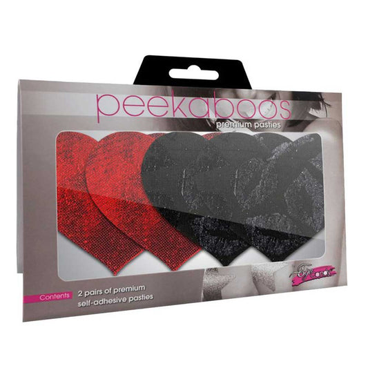 Packaging for Peekaboos Stolen Kisses Heart Pasties, displaying two pairs of heart-shaped adhesive pasties, one pair in red and one pair in black with a shiny pattern.