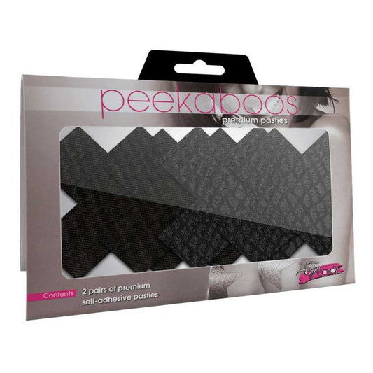 Packaging of Peekaboos Classic Black X Pasties showing two pairs of self-adhesive pasties, one in solid black and the other in a black snake skin pattern.