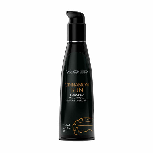 Black bottle of Wicked Cinnamon Bun flavored lubricant on a white background