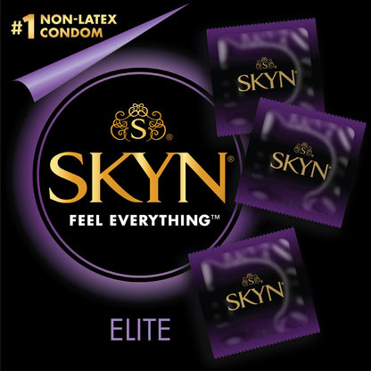 Packaging for LifeStyles Skyn Elite thin and soft condoms, featuring three purple individual packaging with gold text, against a black background with the LifeStyles logo and text emphasizing the non-latex and thin qualities of the condoms.