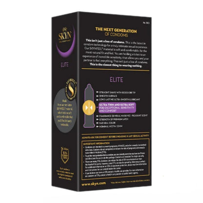 Skyn Elite condoms back of packaging on a white background. Shows the features of the condom.