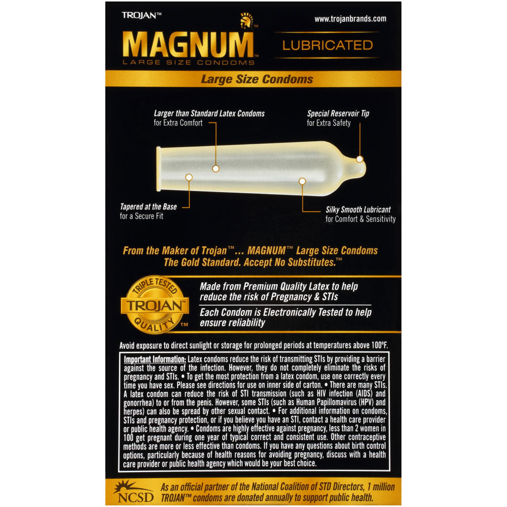 Shows the back of the Trojan Magnum box on a white background. Picture shows the features of a Magnum such as how big they are.