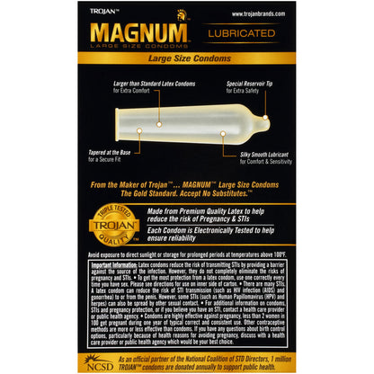 Shows the back of the Trojan Magnum box on a white background. Picture shows the features of a Magnum such as how big they are.