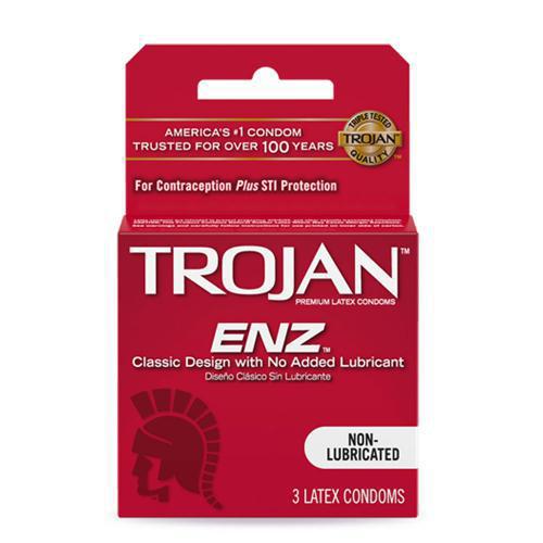 Shows a red box of Trojan Enz condoms on a white background.