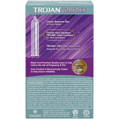 Shows the back of a box of Trojan Ultra Thin condoms. on a white background.
