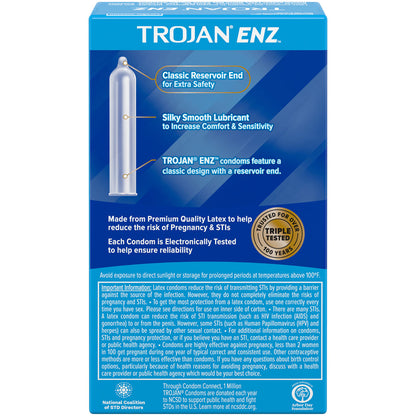 Shows the back of the box of the Trojan Enz condom. It lists some features of the condom such as it's reservoir end and silky lubricant.