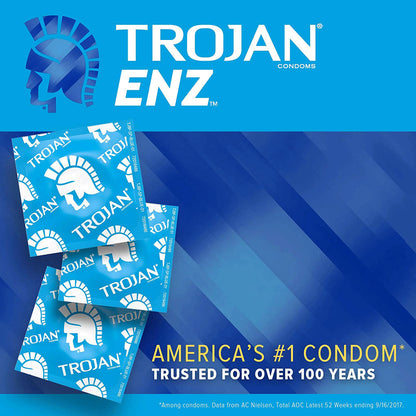 Packaging for Trojan ENZ Premium Lubricated Condoms featuring the product name and branding with a blue color scheme.