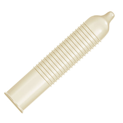 Shows the Trojan Ultra Ribbed condom out of it's wrapper. On a white background.