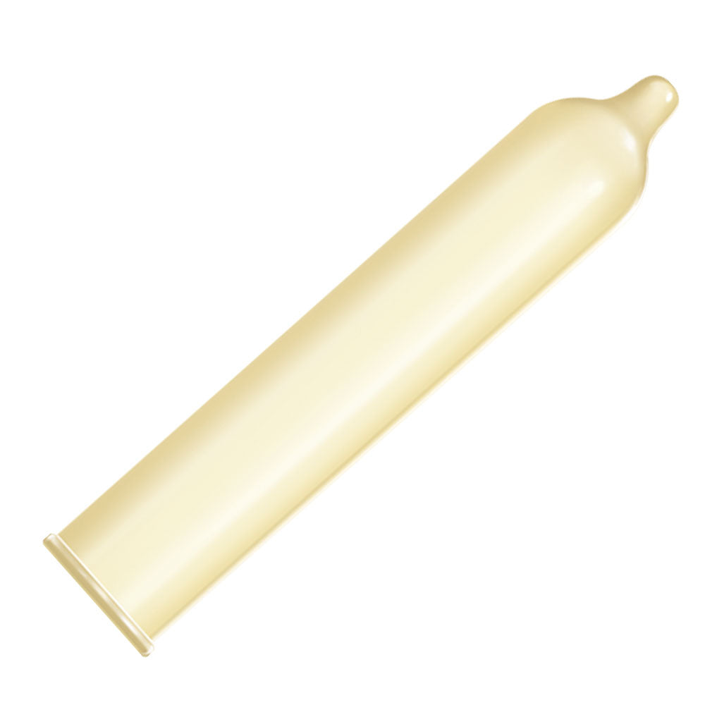 A condom out of it's wrapper on a white background.