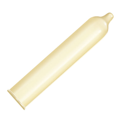 A condom out of it's wrapper on a white background.