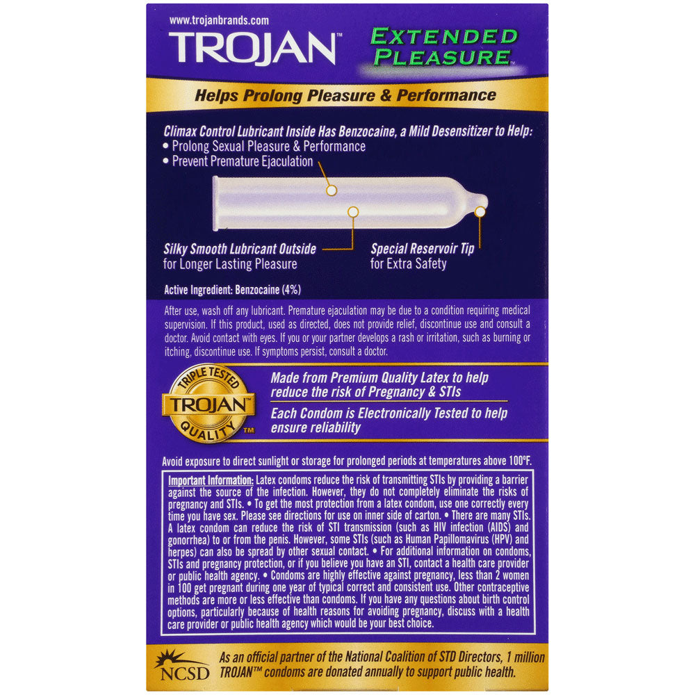 A box of Trojan Extended Pleasure condoms that show the back explaining the condoms features on a white background.