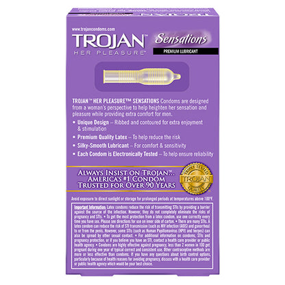 Packaging of Trojan Her Pleasure Sensations Condoms showing the product and its features such as ribbed texture and flared shape.