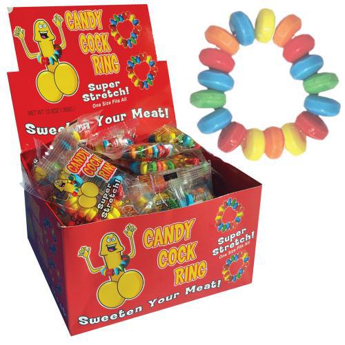 A box of colorful candy cock rings displayed with individual rings visible, and flavored different fruits.