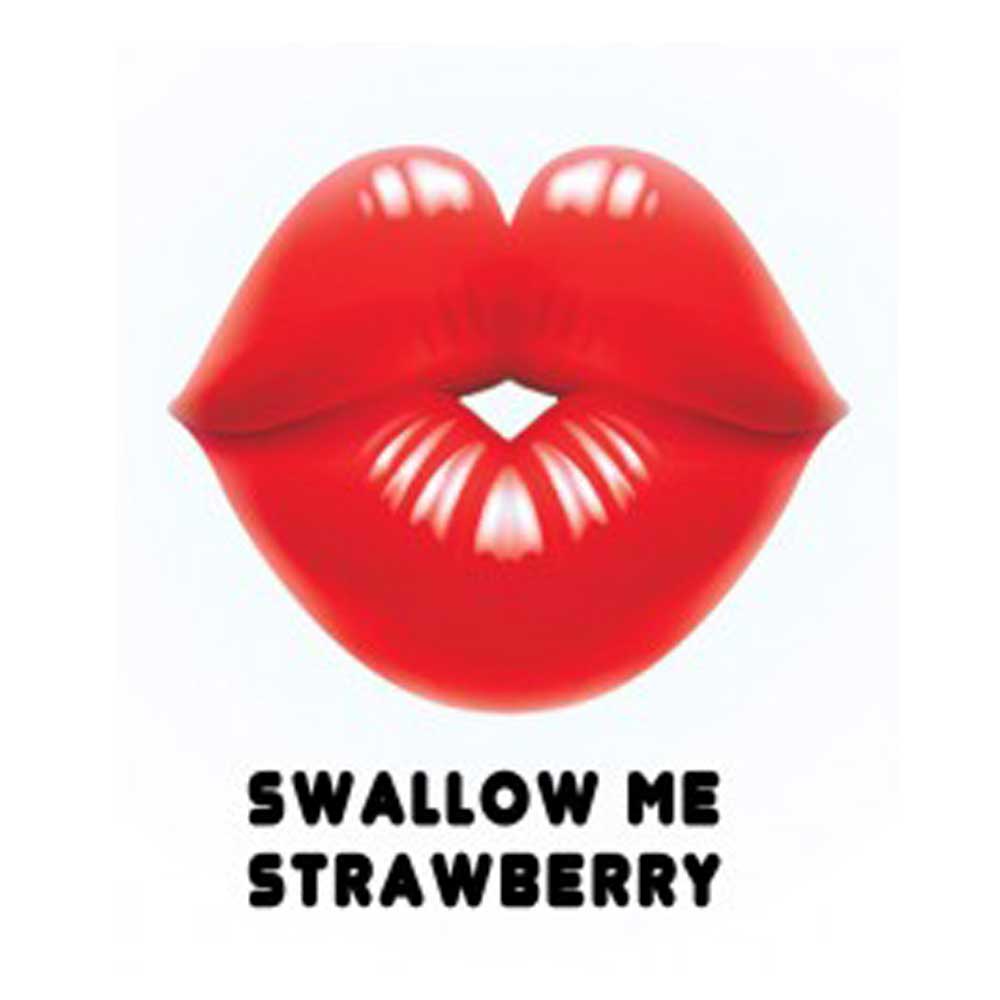 Red lip-shaped gummy with strawberry flavor against a white background. 