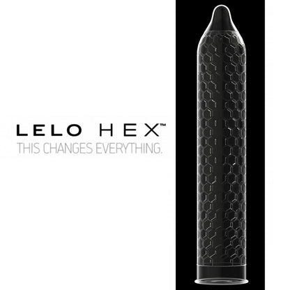 A photo showing the shape the Lelo Hex condom takes on an erect penis against a black background. To the left, reads the brand Lelo Hex and the slogan "This Changes Everything".