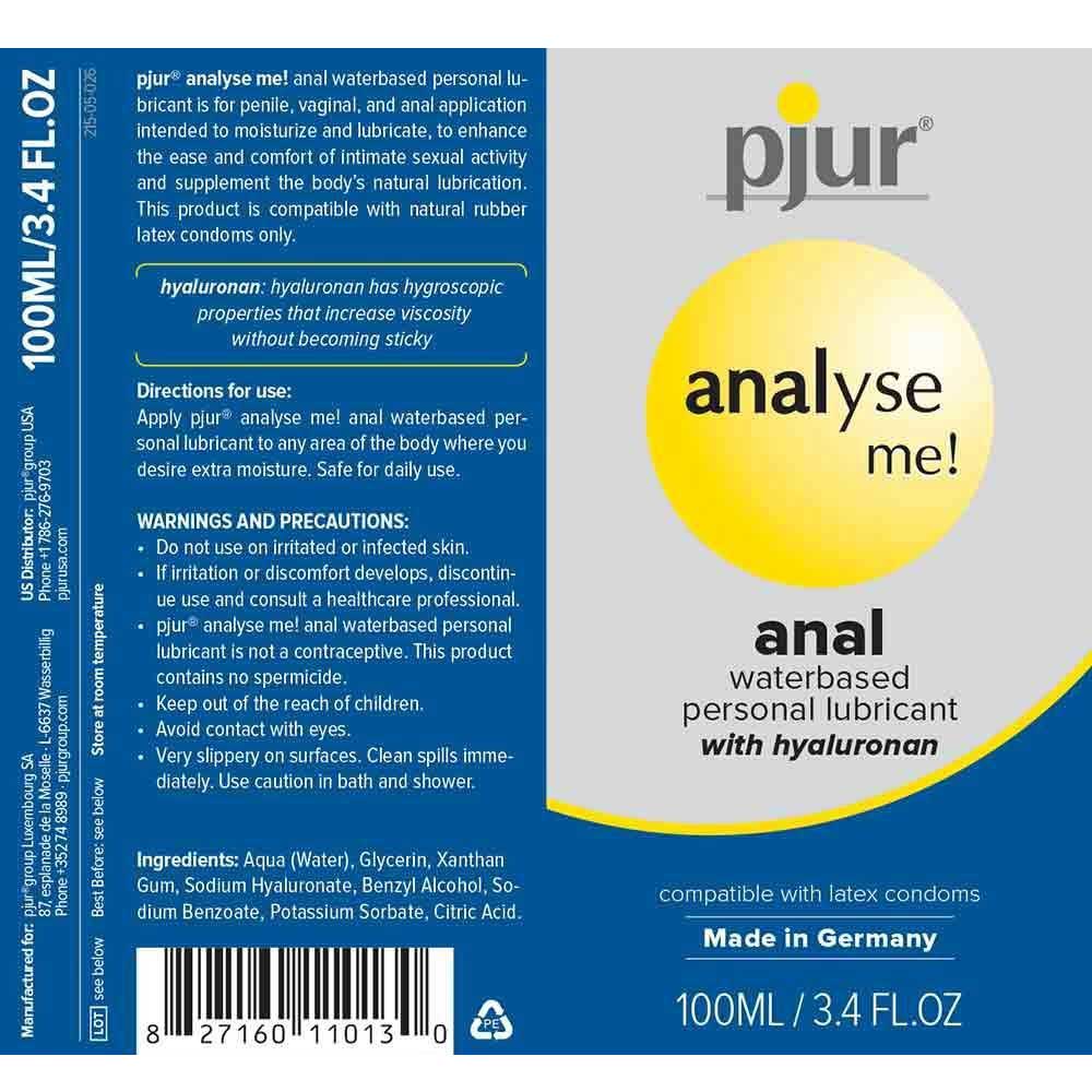 The packaging of a 100ml Pjur Analyse Me anal water based lubricant. The back side of the package describes the usage, directions, and warnings/precautions, and ingredients for the product.