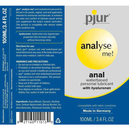 The packaging of a 100ml Pjur Analyse Me anal water based lubricant. The back side of the package describes the usage, directions, and warnings/precautions, and ingredients for the product.