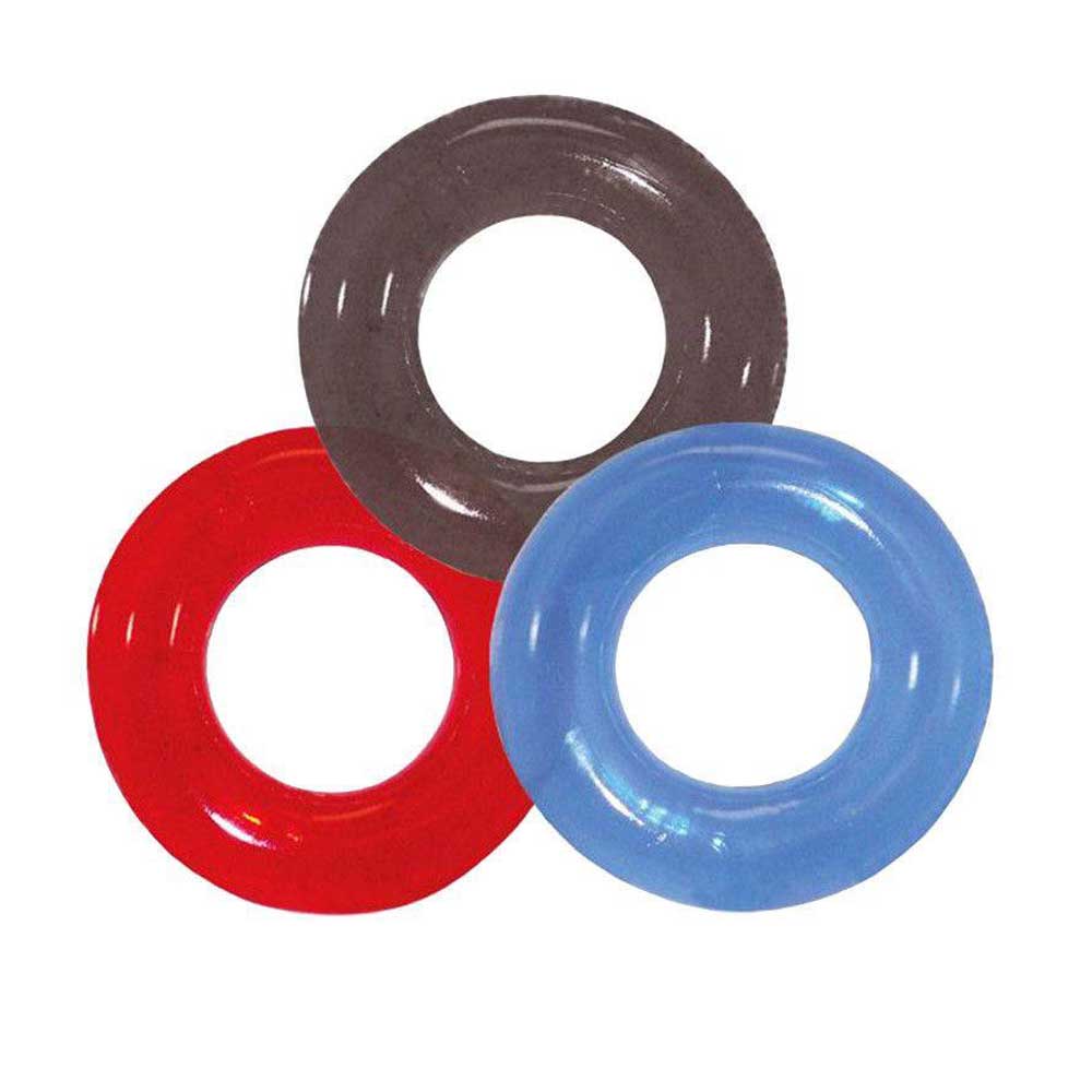 A photo showcasing black, red, and blue cock rings from the Screaming O Ring O's package against a white background.