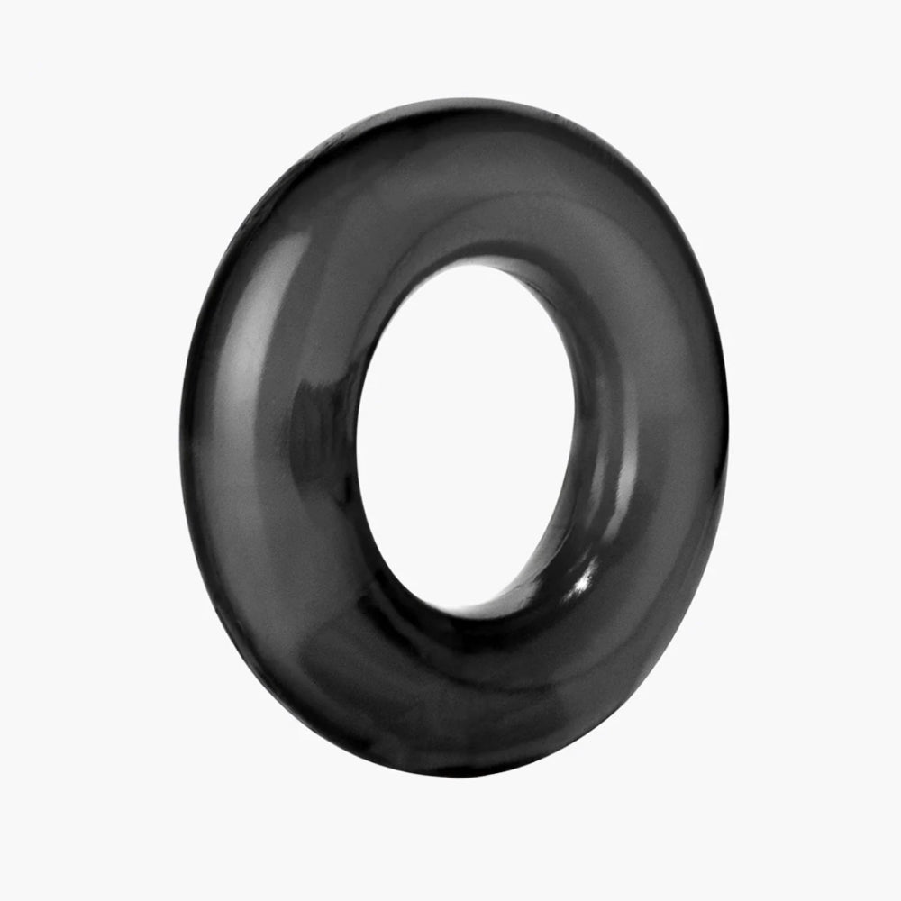 A textured photo of a black cock ring from the Screaming O Ring O's package against a white background.