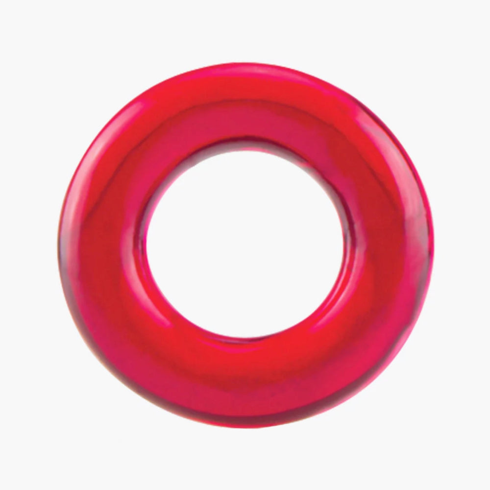 A textured photo of a red cock ring from the Screaming O Ring O's package against a white background.
