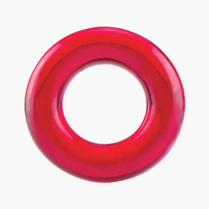 A textured photo of a red cock ring from the Screaming O Ring O's package against a white background.