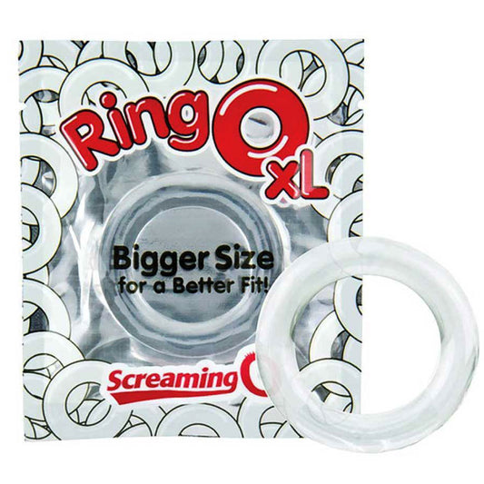The image shows a clear cock ring along with its packaging, which features the product name 'RingO XL' and the Screaming O brand logo. The packaging is prominantly white with red and black text.