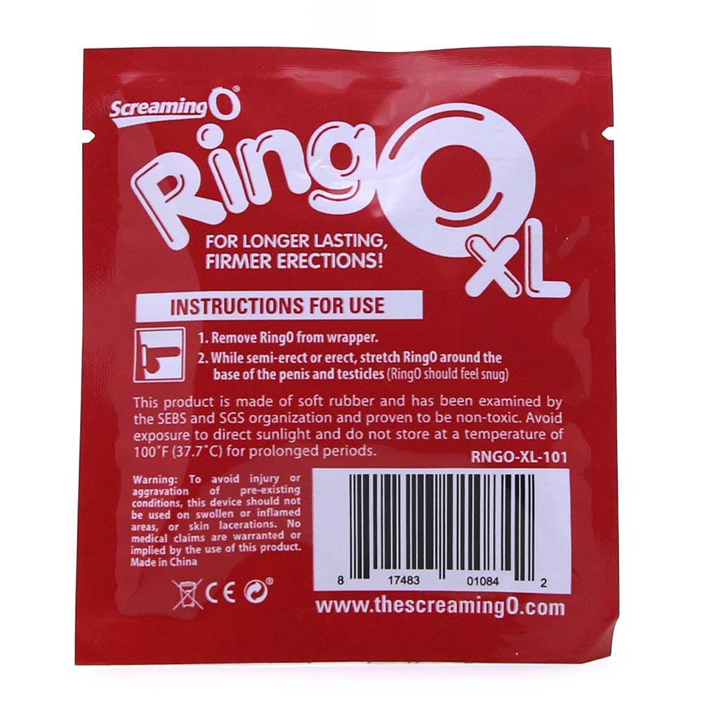 The backside of a Screaming O Ring O xL package. The package describes instructions, general information, and warnings for the product. The package is prominently red with white text. 