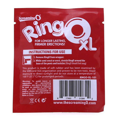 The backside of a Screaming O Ring O xL package. The package describes instructions, general information, and warnings for the product. The package is prominently red with white text. 
