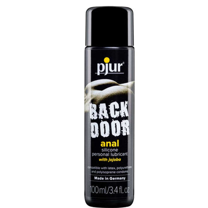 A black 100ml bottle of Pjur Back Door anal silicone lube. The package describes the product is made with jojoba oil and is made in Germany. The product is featured against a white background.