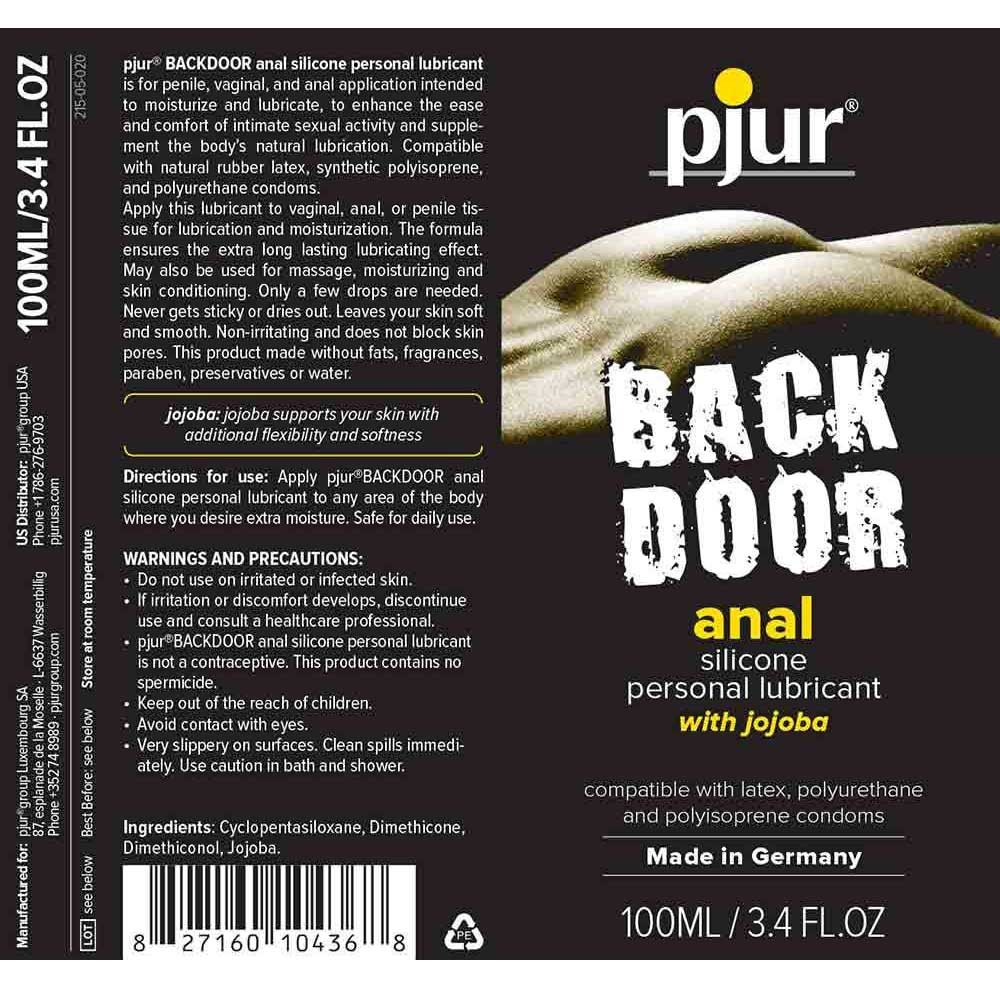 The packaging of a 100ml Pjur Back Door anal silicone-based lubricant. The back side of the package describes the usage, directions, and warnings/precautions, and ingredients for the product.