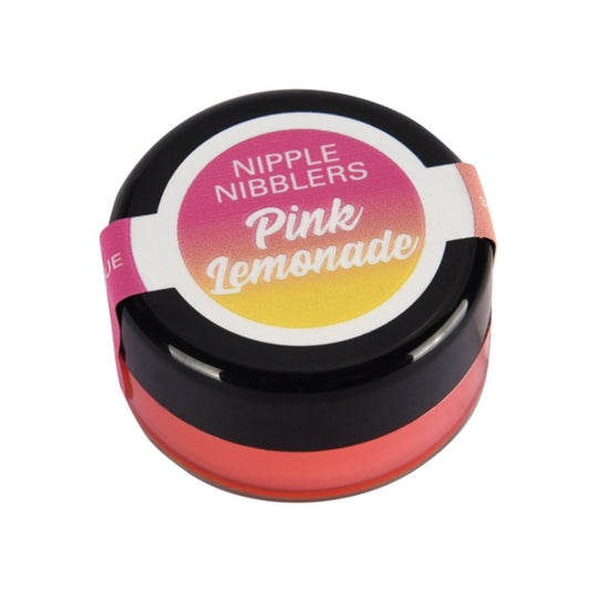 Round container labeled "Nipple Nibblers Pink Lemonade" against a white background.