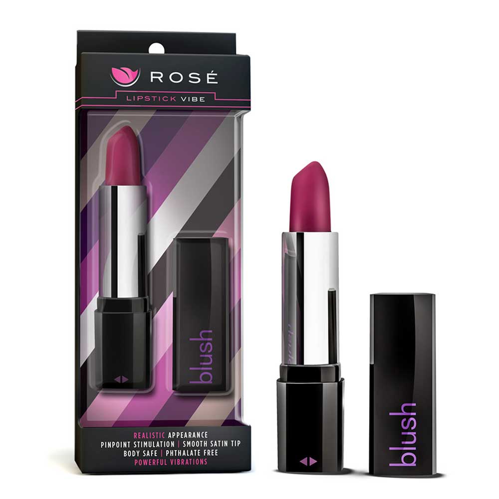 An image of the Blush vibrator by Rosé. The image shows a purple lipstick-shaped vibrator. The packaging displays the product name 'ROSE Lipstick VIBE' and the brand, 'BLUSH'. The image shows the product both inside and outside the packaging.