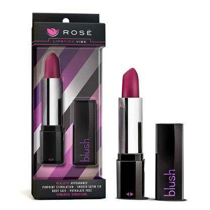 An image of the Blush vibrator by Rosé. The image shows a purple lipstick-shaped vibrator. The packaging displays the product name 'ROSE Lipstick VIBE' and the brand, 'BLUSH'. The image shows the product both inside and outside the packaging.