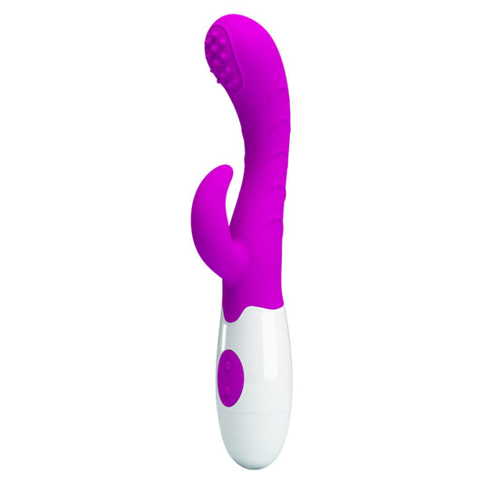 A purple and white rabbit style vibrator with a rolling ball tip and an external extension for clitoral and G-Spot stimulation standing vertically against a white background.