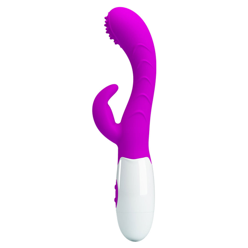 A purple and white rabbit style vibrator with a rolling ball tip and an external extension for clitoral and G-Spot stimulation standing vertically against a white background.