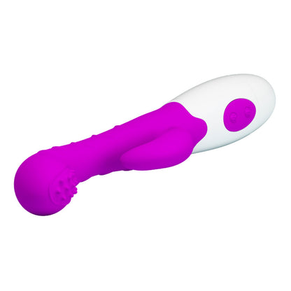 A purple and white rabbit style vibrator with a rolling ball tip and an external extension for clitoral and G-Spot stimulation lying horizontally against a white background.