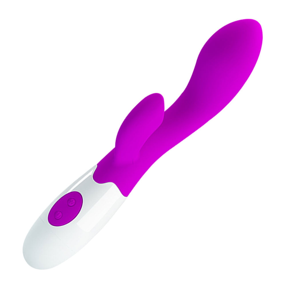 A purple and white rabbit style vibrator with a rolling ball tip and an external extension for clitoral and G-Spot stimulation against a white background.